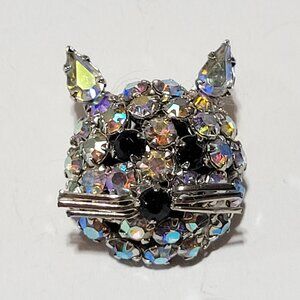 Joseph Warner Cat Face Brooch Rhinestones Silver Tone Whiskers Cat Lady Vintage